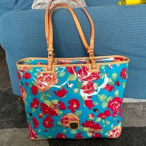 Dooney and Bourke, Large Tote, Red Rose Garden Blue, good used condition